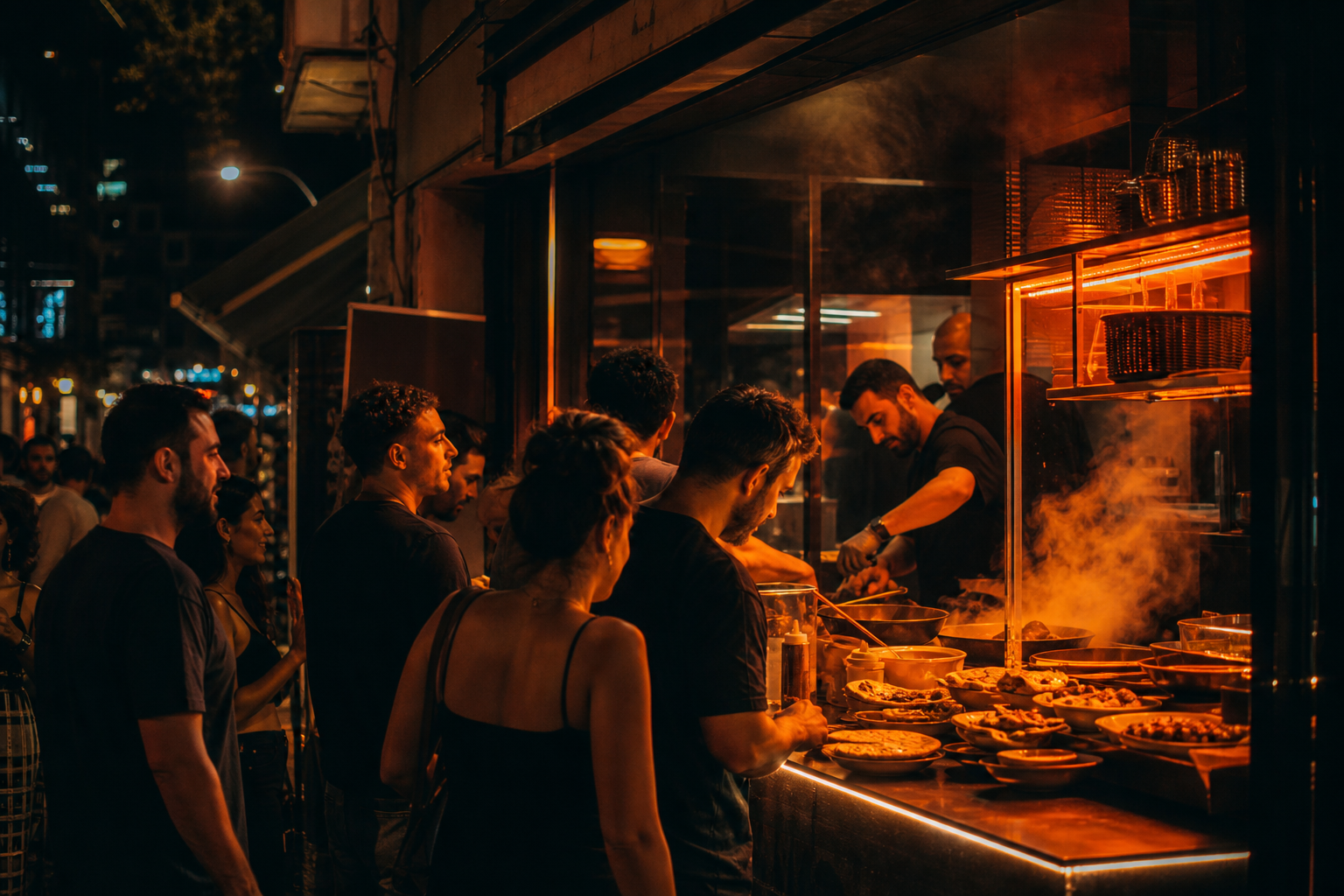 Busy street food counter at night