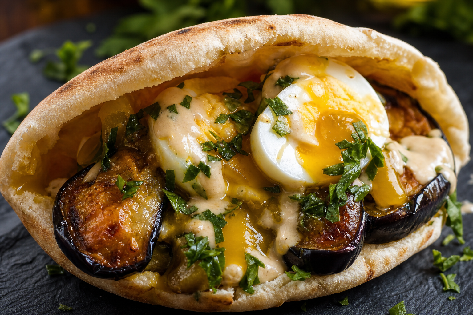 Sabich pita with eggplant and amba