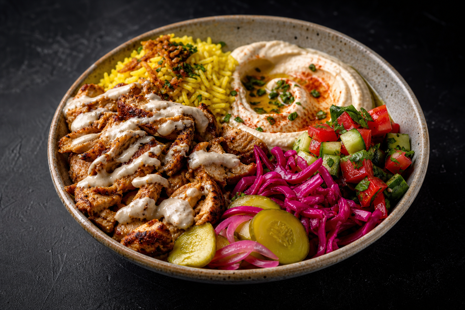 Shawarma bowl with rice and hummus